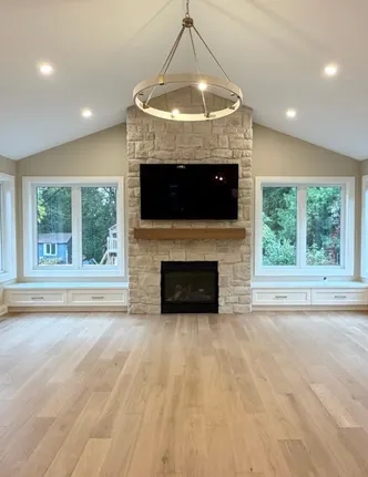 Light Stone Fireplace Wall in a Great Room