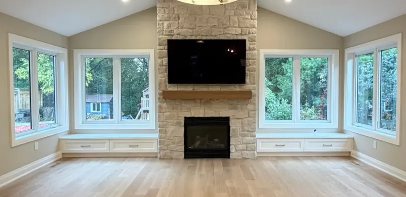 Light Stone Fireplace Wall in a Great Room