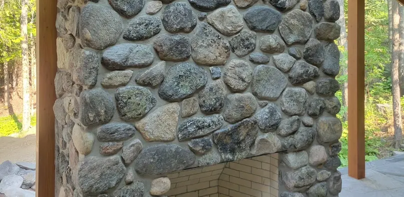 River Rock Porch Columns and Outdoor Fireplace