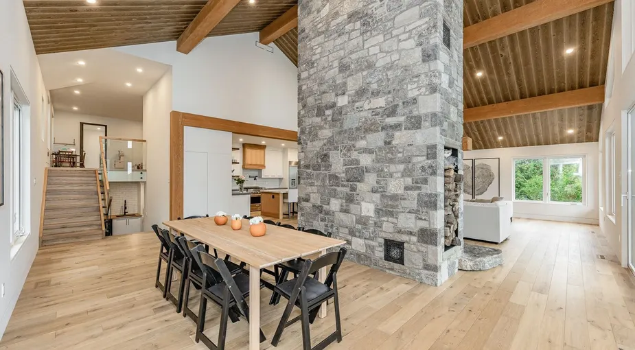 Stone chimney wall showing natural stone veneer material